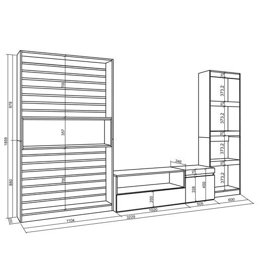 Conjunto de móveis TV, Mobiliário sala de estar, 320x35x186cm, Estante para TV, Estilo moderno, Carvalho e preto