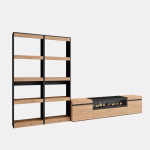 Conjunto de móveis TV, Mobiliário sala de estar, 320x35x186cm, Para televisores até 80, Lareira eléctrica, Estilo moderno, Carvalho e preto