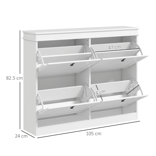 HOMCOM Móvel Sapateira Branco Sapateira Estreita com 4 Portas e Prateleira Ajustável para 20 Pares de Sapatos Anti Tombo para Entrada Corredor 105x24x82,5 cm Branco