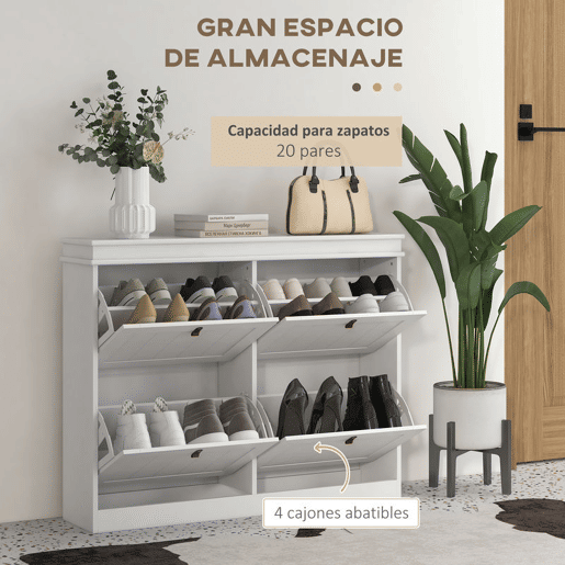 HOMCOM Móvel Sapateira Branco Sapateira Estreita com 4 Portas e Prateleira Ajustável para 20 Pares de Sapatos Anti Tombo para Entrada Corredor 105x24x82,5 cm Branco