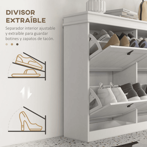HOMCOM Móvel Sapateira Branco Sapateira Estreita com 4 Portas e Prateleira Ajustável para 20 Pares de Sapatos Anti Tombo para Entrada Corredor 105x24x82,5 cm Branco