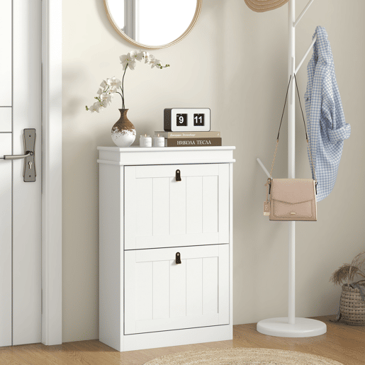 HOMCOM Móvel Sapateira Branco Sapateira Estreita com 2 Portas e Prateleira Ajustável para 10 Pares de Sapatos para Entrada Corredor 54x24x82,5 cm Branco