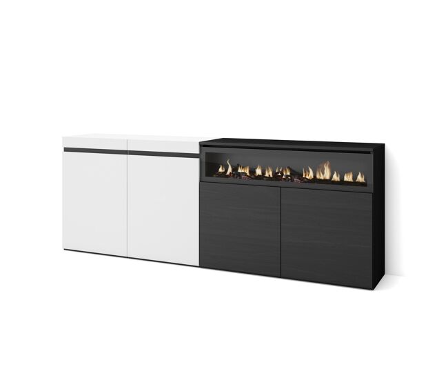 Aparador para salón, gran capacidad de almacenaje, 200x35x75cm, 4 puertas, chimenea eléctrica, estilo moderno, blanco y negro