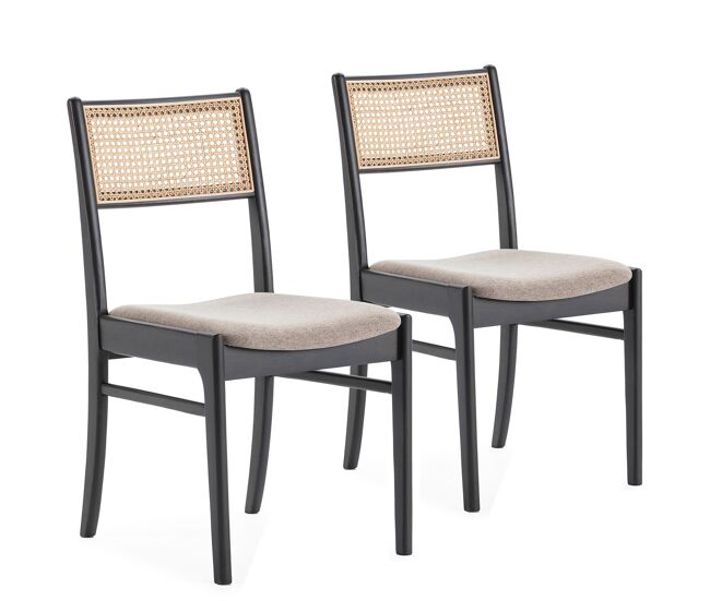 Pack 2 sillas vilma color negro wash, madera maciza y ratán natural