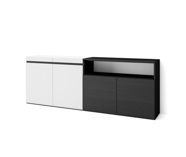 Aparador para salón, gran capacidad de almacenaje, 200x35x75cm, 4 puertas, armario, zapatero, estilo moderno, blanco y negro