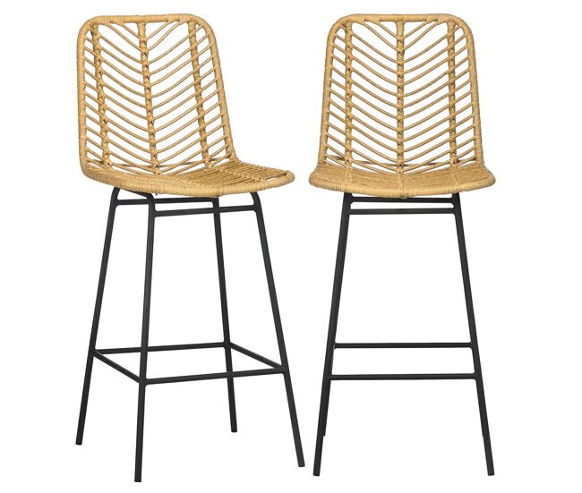 Homcom conjunto de 2 taburetes de bar modernos taburetes altos de cocina con asiento de ratán sintético y patas de acero carga 120 kg para comedor