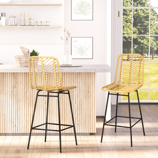 HOMCOM Bancos Altos de Cozinha Conjunto de 2 Bancos de Vime Sintético Bancos de Bar Modernos com Pés de Aço Carga Máxima 120 kg 42,5x52x102 cm Madeira e Preto