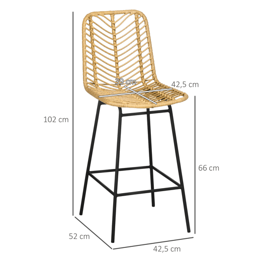 HOMCOM Bancos Altos de Cozinha Conjunto de 2 Bancos de Vime Sintético Bancos de Bar Modernos com Pés de Aço Carga Máxima 120 kg 42,5x52x102 cm Madeira e Preto