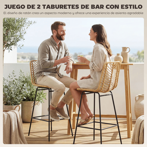 HOMCOM Bancos Altos de Cozinha Conjunto de 2 Bancos de Vime Sintético Bancos de Bar Modernos com Pés de Aço Carga Máxima 120 kg 42,5x52x102 cm Madeira e Preto