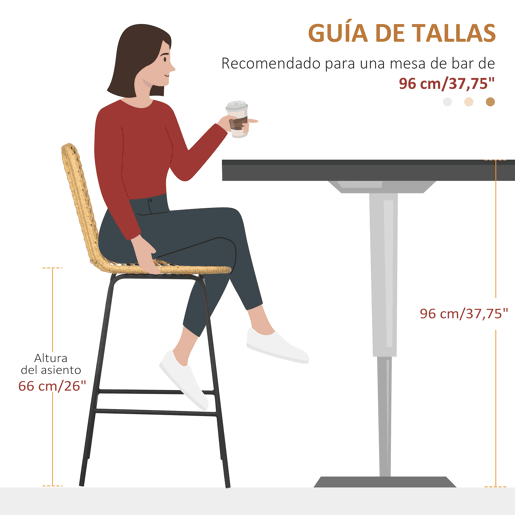 HOMCOM Bancos Altos de Cozinha Conjunto de 2 Bancos de Vime Sintético Bancos de Bar Modernos com Pés de Aço Carga Máxima 120 kg 42,5x52x102 cm Madeira e Preto