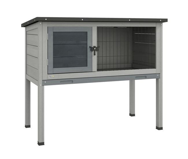Pawhut conejera de madera caseta exterior refugio para mascotas pequeñas conejos cobayas con bandeja extraíble y techo asfáltico 84x43x70 cm gris y