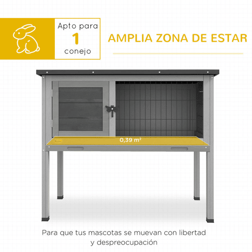 PawHut Coelheira de Madeira Casa para Animais Pequenos Coelhos Porquinho da Índia com Bandeja Amovível e Teto Asfáltico 84x43x70 cm Cinza e Preto