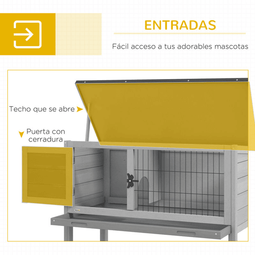 PawHut Coelheira de Madeira Casa para Animais Pequenos Coelhos Porquinho da Índia com Bandeja Amovível e Teto Asfáltico 84x43x70 cm Cinza e Preto