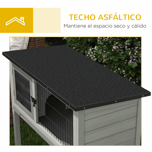 PawHut Coelheira de Madeira Casa para Animais Pequenos Coelhos Porquinho da Índia com Bandeja Amovível e Teto Asfáltico 84x43x70 cm Cinza e Preto