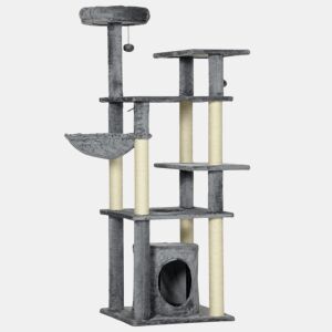PawHut Arranhador para Gatos Grande 144 cm Torre para Gatos com Poste de Arranhar de Sisal Cama Caverna Plataformas e Bolas Suspensas 49x49x144 cm Cinza