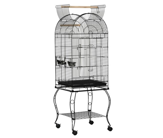 Pawhut jaula para pájaros con ruedas y estante, 51x51x153 cm, jaula grande con parte superior abatible, 2 comederos, 2 perchas, 4 puertas y bandeja extraíble, para loros y canarios, negro