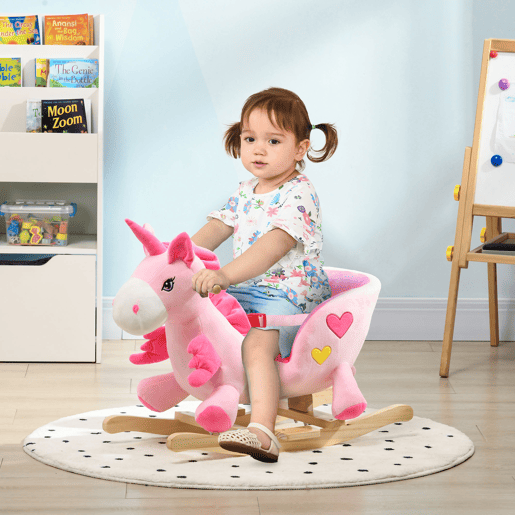 HOMCOM Cavalo Baloiço para Bebés 18-36 Meses Cavalo Baloiço em Forma de Unicornio com Música Cinto de Segurança Guiador e Apoio para os Pés Carga Máxima 30 kg 65x35x45 cm Rosa