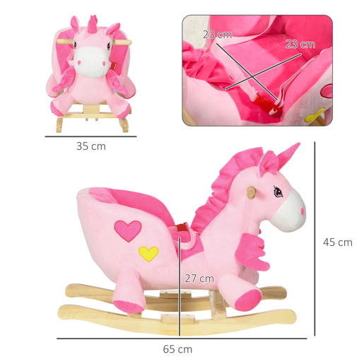 HOMCOM Cavalo Baloiço para Bebés 18-36 Meses Cavalo Baloiço em Forma de Unicornio com Música Cinto de Segurança Guiador e Apoio para os Pés Carga Máxima 30 kg 65x35x45 cm Rosa