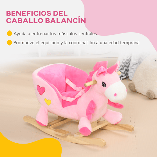 HOMCOM Cavalo Baloiço para Bebés 18-36 Meses Cavalo Baloiço em Forma de Unicornio com Música Cinto de Segurança Guiador e Apoio para os Pés Carga Máxima 30 kg 65x35x45 cm Rosa