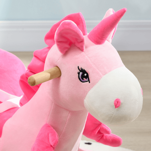 HOMCOM Cavalo Baloiço para Bebés 18-36 Meses Cavalo Baloiço em Forma de Unicornio com Música Cinto de Segurança Guiador e Apoio para os Pés Carga Máxima 30 kg 65x35x45 cm Rosa