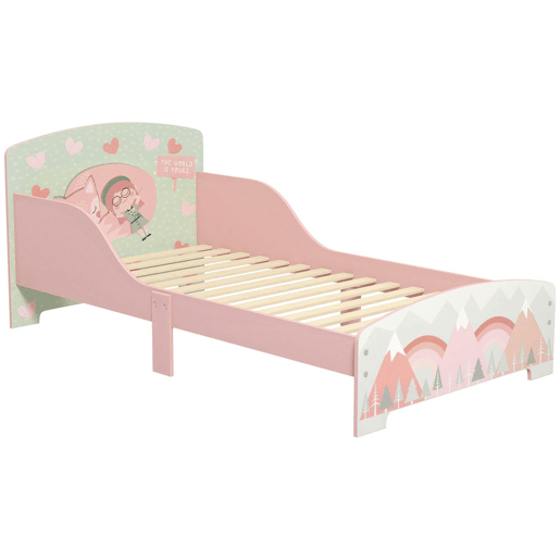 ZONEKIZ Cama para Crianças de Madeira 143x77x60 cm Cama para Crianças de 3-6 Anos com Barreira de Proteção e Estampados Carga Máx. 40 kg Rosa