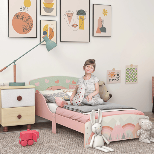 ZONEKIZ Cama para Crianças de Madeira 143x77x60 cm Cama para Crianças de 3-6 Anos com Barreira de Proteção e Estampados Carga Máx. 40 kg Rosa