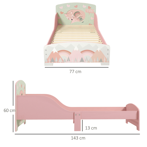 ZONEKIZ Cama para Crianças de Madeira 143x77x60 cm Cama para Crianças de 3-6 Anos com Barreira de Proteção e Estampados Carga Máx. 40 kg Rosa