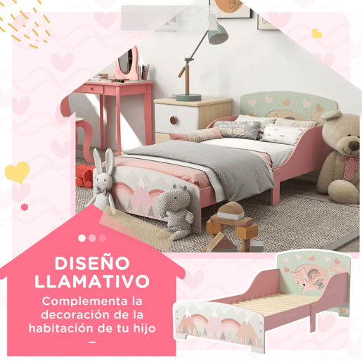 ZONEKIZ Cama para Crianças de Madeira 143x77x60 cm Cama para Crianças de 3-6 Anos com Barreira de Proteção e Estampados Carga Máx. 40 kg Rosa