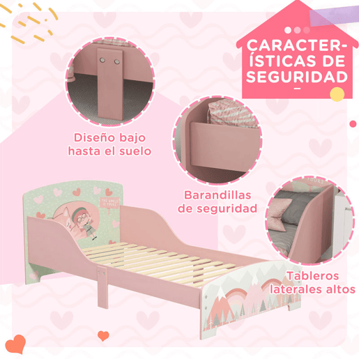 ZONEKIZ Cama para Crianças de Madeira 143x77x60 cm Cama para Crianças de 3-6 Anos com Barreira de Proteção e Estampados Carga Máx. 40 kg Rosa