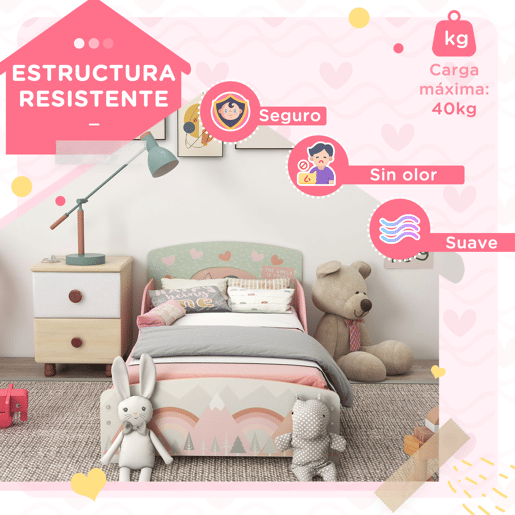 ZONEKIZ Cama para Crianças de Madeira 143x77x60 cm Cama para Crianças de 3-6 Anos com Barreira de Proteção e Estampados Carga Máx. 40 kg Rosa