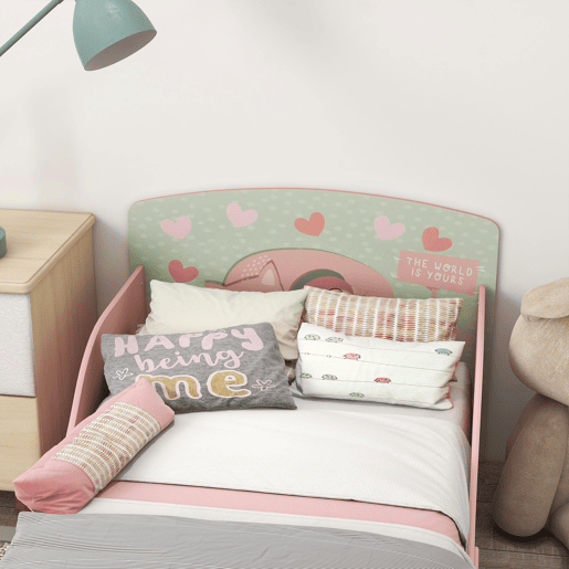 ZONEKIZ Cama para Crianças de Madeira 143x77x60 cm Cama para Crianças de 3-6 Anos com Barreira de Proteção e Estampados Carga Máx. 40 kg Rosa