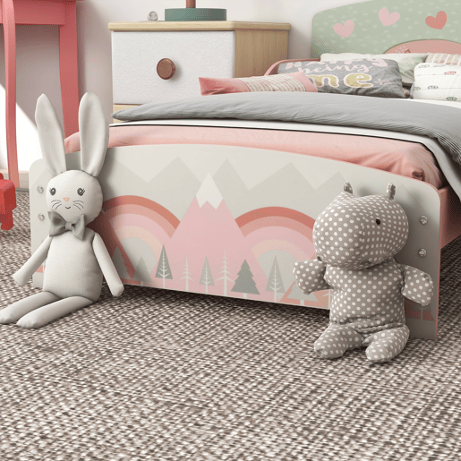 ZONEKIZ Cama para Crianças de Madeira 143x77x60 cm Cama para Crianças de 3-6 Anos com Barreira de Proteção e Estampados Carga Máx. 40 kg Rosa