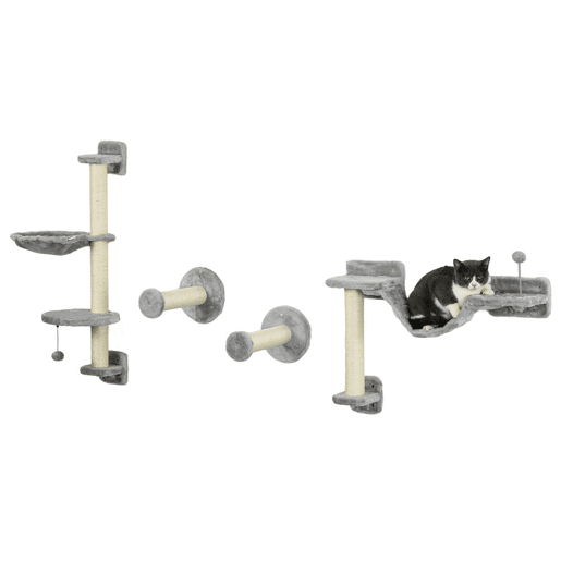 PawHut Prateleiras de Escalada para Gatos de Parede Conjunto de Prateleiras para Gatos 4 Peças com Rede Bola Plataformas de Saltar Poste de Sisal e Escada 84,5x19x54 cm Cinza e Bege PawHut Prateleiras de Escalada para Gatos de Parede Conjunto de Prateleiras para Gatos 4 Peças com Rede Bola Plataformas de Saltar Poste de Sisal e Escada 84,5x19x54 cm Cinza e Bege