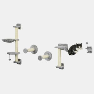 PawHut Prateleiras de Escalada para Gatos de Parede Conjunto de Prateleiras para Gatos 4 Peças com Rede Bola Plataformas de Saltar Poste de Sisal e Escada 84,5x19x54 cm Cinza e Bege
