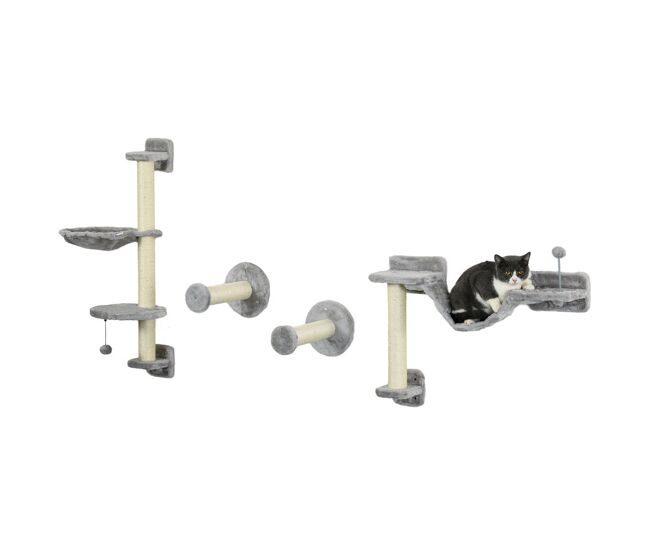 Pawhut juego de estanterías para gatos de 4 piezas rascador de pared para gatos con hamaca postes rascadores escalera blanda bola plataformas para saltar gris y beige