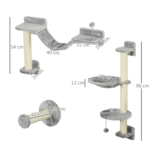 PawHut Prateleiras de Escalada para Gatos de Parede Conjunto de Prateleiras para Gatos 4 Peças com Rede Bola Plataformas de Saltar Poste de Sisal e Escada 84,5x19x54 cm Cinza e Bege PawHut Prateleiras de Escalada para Gatos de Parede Conjunto de Prateleiras para Gatos 4 Peças com Rede Bola Plataformas de Saltar Poste de Sisal e Escada 84,5x19x54 cm Cinza e Bege
