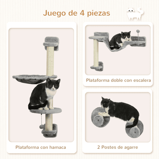 PawHut Prateleiras de Escalada para Gatos de Parede Conjunto de Prateleiras para Gatos 4 Peças com Rede Bola Plataformas de Saltar Poste de Sisal e Escada 84,5x19x54 cm Cinza e Bege PawHut Prateleiras de Escalada para Gatos de Parede Conjunto de Prateleiras para Gatos 4 Peças com Rede Bola Plataformas de Saltar Poste de Sisal e Escada 84,5x19x54 cm Cinza e Bege