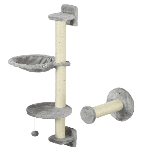 PawHut Prateleiras de Escalada para Gatos de Parede Conjunto de Prateleiras para Gatos 4 Peças com Rede Bola Plataformas de Saltar Poste de Sisal e Escada 84,5x19x54 cm Cinza e Bege PawHut Prateleiras de Escalada para Gatos de Parede Conjunto de Prateleiras para Gatos 4 Peças com Rede Bola Plataformas de Saltar Poste de Sisal e Escada 84,5x19x54 cm Cinza e Bege