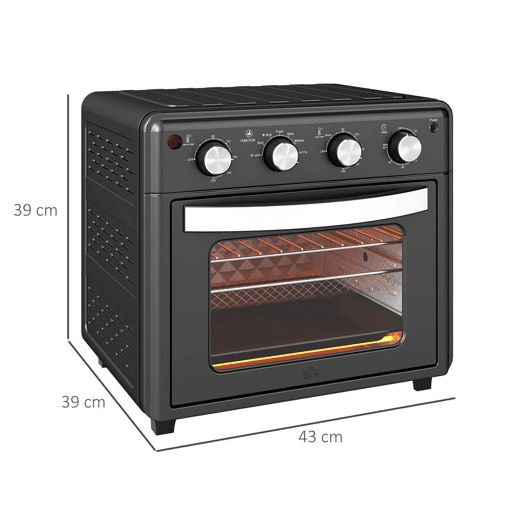 HOMCOM Mini Forno Elétrico Multifuncional Mini Forno Elétrico de 30L 1600W Mini Forno de Convecção com 7 Modos Temporizador e Temperatura Ajustável 43x39x39 cm Preto