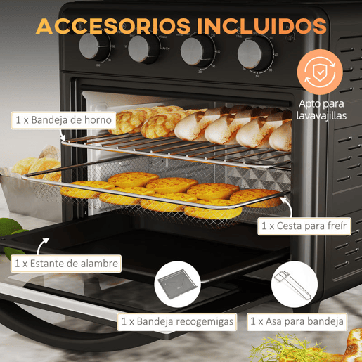 HOMCOM Mini Forno Elétrico Multifuncional Mini Forno Elétrico de 30L 1600W Mini Forno de Convecção com 7 Modos Temporizador e Temperatura Ajustável 43x39x39 cm Preto