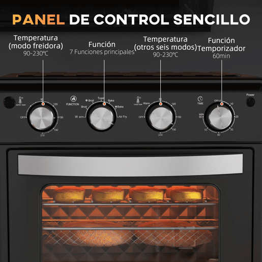HOMCOM Mini Forno Elétrico Multifuncional Mini Forno Elétrico de 30L 1600W Mini Forno de Convecção com 7 Modos Temporizador e Temperatura Ajustável 43x39x39 cm Preto