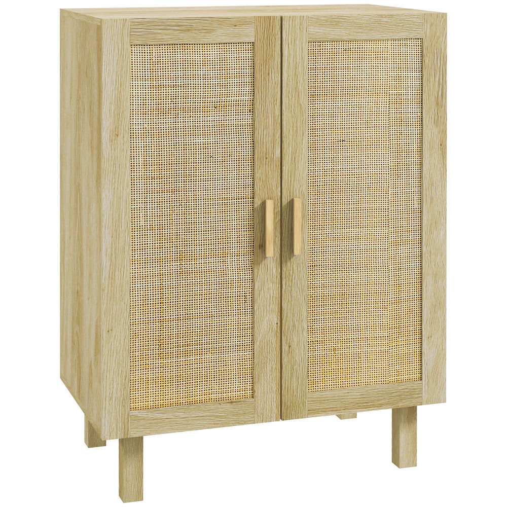 Homcom aparador 2 puertas de rejilla de ratán aparador para salón nórdico con estantes ajustables para comedor entrada dormitorio natural 73x41x102 cm