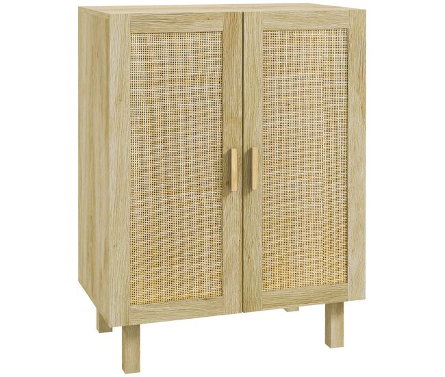 Homcom aparador 2 puertas de rejilla de ratán aparador para salón nórdico con estantes ajustables para comedor entrada dormitorio natural 73x41x102 cm