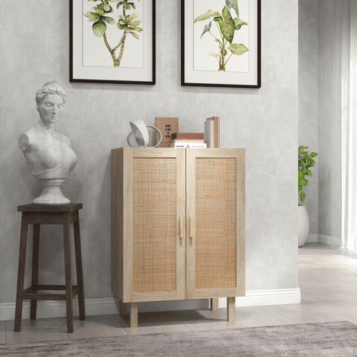 HOMCOM Aparador de Sala de Estar com 2 Portas de Rede e Prateleiras Ajustáveis Armário para Sala de Estar Escritório Dormitório Estilo Cannage Anti-Tombo 73x41x102 cm Madeira