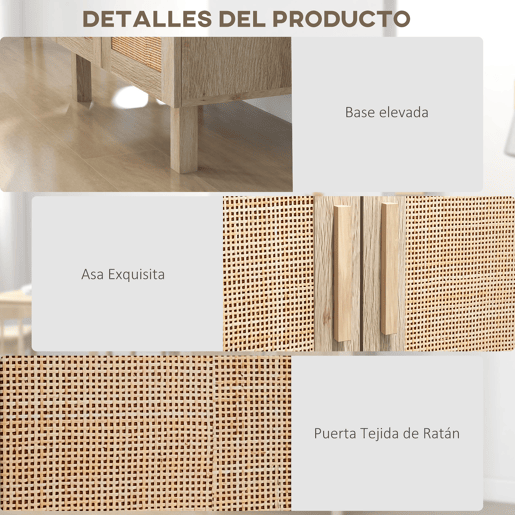 HOMCOM Aparador de Sala de Estar com 2 Portas de Rede e Prateleiras Ajustáveis Armário para Sala de Estar Escritório Dormitório Estilo Cannage Anti-Tombo 73x41x102 cm Madeira