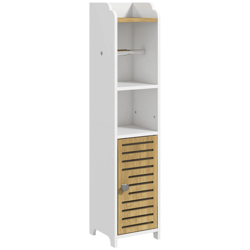 kleankin Armário de Casa de Banho Moderno Coluna Auxiliar com Prateleiras, 1 Porta e Suporte para Papel Higiénico para Quarto ou Sala, 18x20x90 cm Branco e Carvalho