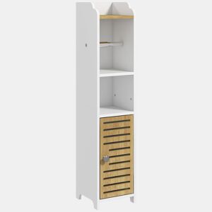 kleankin Armário de Casa de Banho Moderno Coluna Auxiliar com Prateleiras, 1 Porta e Suporte para Papel Higiénico para Quarto ou Sala, 18x20x90 cm Branco e Carvalho