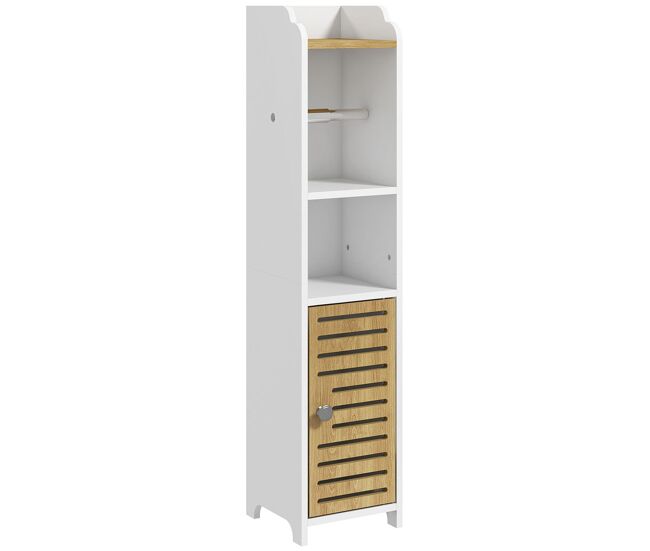 Kleankin armario de baño moderno columna auxiliar de baño mueble de suelo con estantes 1 puerta y portarrollos de papel para dormitorio sala 18x20x90 cm blanco y roble