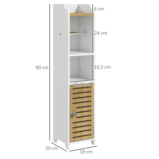 kleankin Armário de Casa de Banho Moderno Coluna Auxiliar com Prateleiras, 1 Porta e Suporte para Papel Higiénico para Quarto ou Sala, 18x20x90 cm Branco e Carvalho
