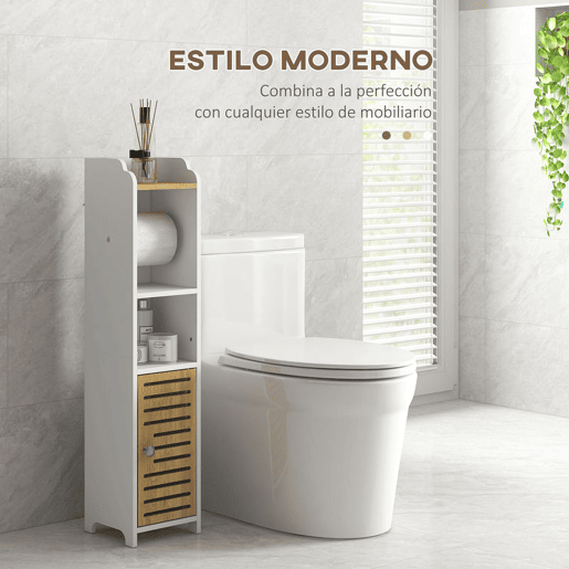 kleankin Armário de Casa de Banho Moderno Coluna Auxiliar com Prateleiras, 1 Porta e Suporte para Papel Higiénico para Quarto ou Sala, 18x20x90 cm Branco e Carvalho